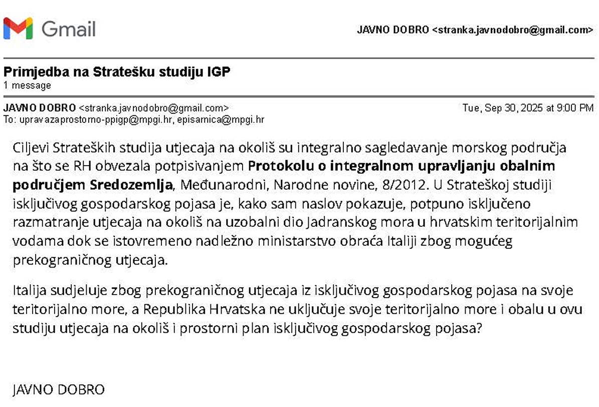 Italija sudjeluje zbog prekograničnog utjecaja iz isključivog gospodarskog pojasa na svoje teritorijalno more, a Republika Hrvatska ne uključuje svoje teritorijalno more i obalu u ovu studiju utjecaja na okoliš i prostorni plan isključivog gospodarskog pojasa?